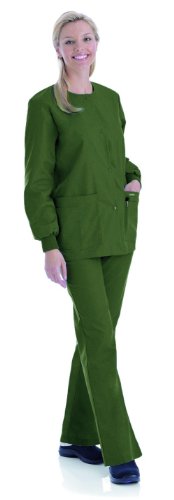 Landau  Women's Scrubs Tops OLIVE - Olive Snap-Front Pocket Scrub Jacket - Women & Plus