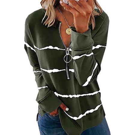 Fall Clothes for Women 3252 Women S Fashion Loose Casual Print Long Sleeve Round Neck Zipper T-Shirt Top TEELON