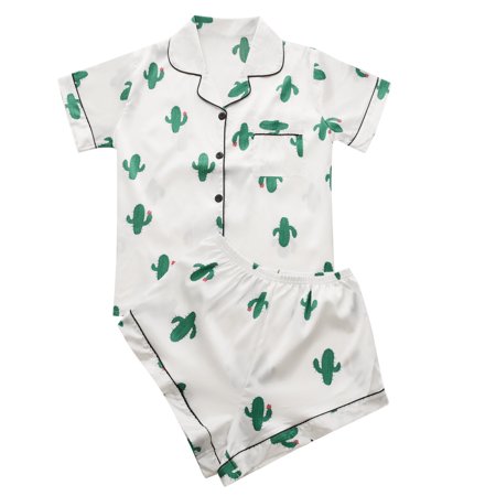 Sleepwear for Women Fashion Women Casual Print Short Sleeve Turn-down Tops Shorts Pants Set Pajamas 8306 White M