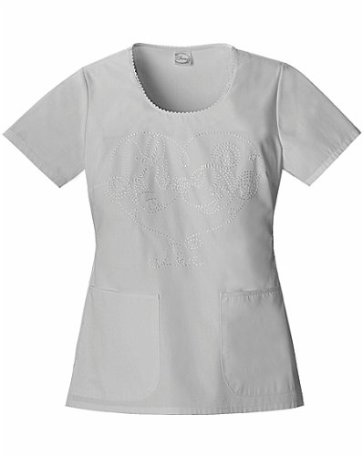 Tooniforms 6755 Women's Round Neck Embroidery Scrub Top Minnie in Love White X-Large