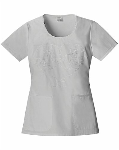 Tooniforms 6755 Women's Round Neck Embroidery Scrub Top Minnie in Love White X-Large thumbnail