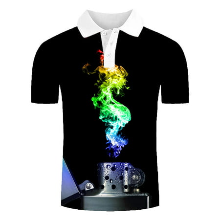 Sherpa Jacket Men Pullover Mens Men Short Sleeve Print Turndown T Shirt Blouse Mens 3D Digital Breathable Casual POLO Lapel T Shirt Black (POLO 0490) 