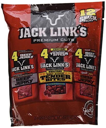 Jack Link's Premium 12 Snack Packs 15oz (Original Hickory Smokehouse Beef Jerky, Teriyaki Beef Steak Tender Bites, Sweet & Hot Beef Jerky)