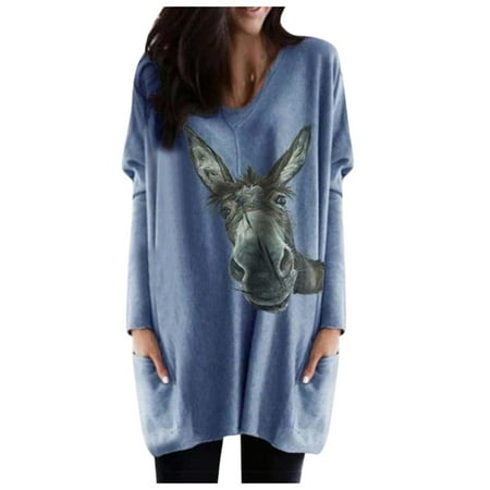 Bospose Long Sleeve Crop Top V-Neck Sweatshirts and Hoodies Women Blue Crewneck Women Fashion Tie-Dye Pocket Tops Blouse Gradient 5588 Women S Horse P