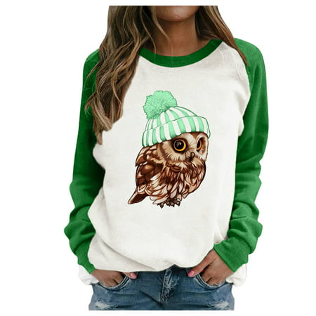 Swiusd Womens Button Down Long Sleeve Shirt Green Tops Women Owl Print Stitching Contrast Color Top Sweater S 17743 Ladies Owl Print Splicing Contrast