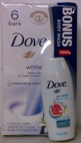 Dove White Beauty Bar, 6 Count + Bonus 1.8 Oz Go Fresh Restore Body Wash