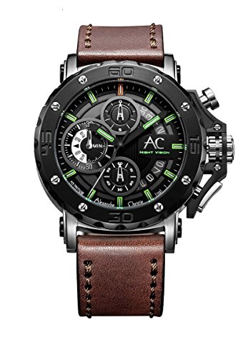 Alexandre Christie H3 Tritium Night Vision Chronograph Watch 9201 NMC (Silver with Brown Band)