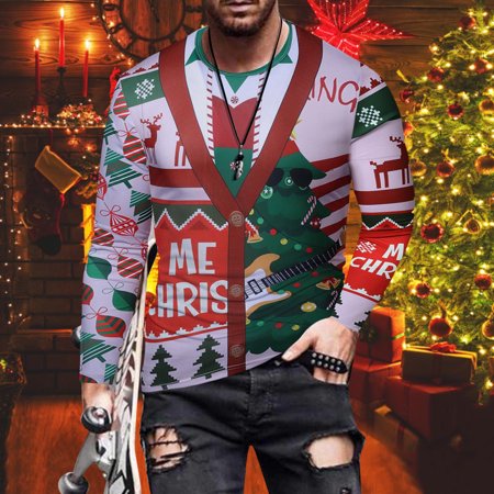 Fiudx Men S Long Sleeve Round Neck Christmas Print Fashion Casual Blouse Long Sleeve Tops 2289