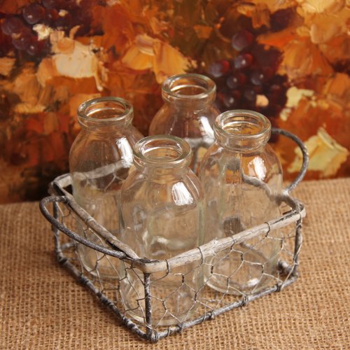 Antique Style Square Wire Basket with Bottles Vases
