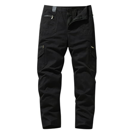Mens Pants Clearance Men Solid Casual Button-Zip Multi-Pocket Straight Cargo Trousers