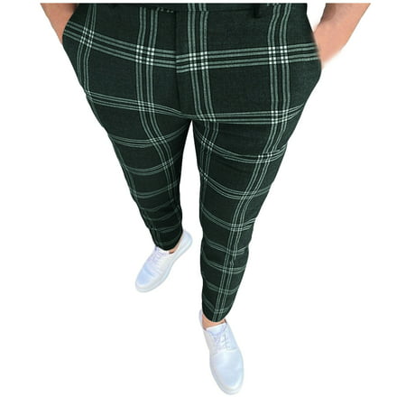 Mens Pants Clearance Dress PantsCasual Plaid Flat-Front Skinny Business Pencil Long Pants Pocket