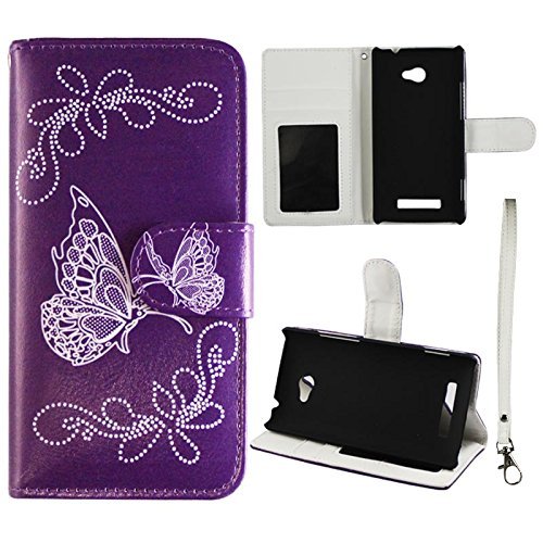 Silver Butterfly Purple Leather Flip Case ID Pouch HTC Windows Phone 8X / Accord / Zenith 6990 at&T , T-Mobile , Verizon Hard Case Snap-on Hard Sh