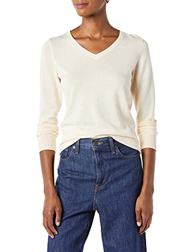 Amazon Essentials Women's Classic-Fit Lightweight Long-Sleeve V-Neck Sweater (Available in Plus Size), Ecru, Large