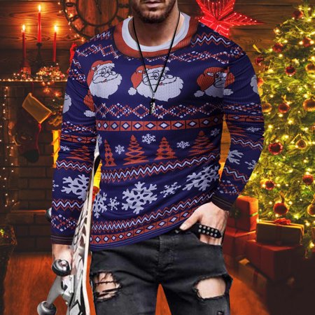 Fiudx Men S Long Sleeve Round Neck Christmas Print Fashion Casual Blouse Long Sleeve Tops 2289