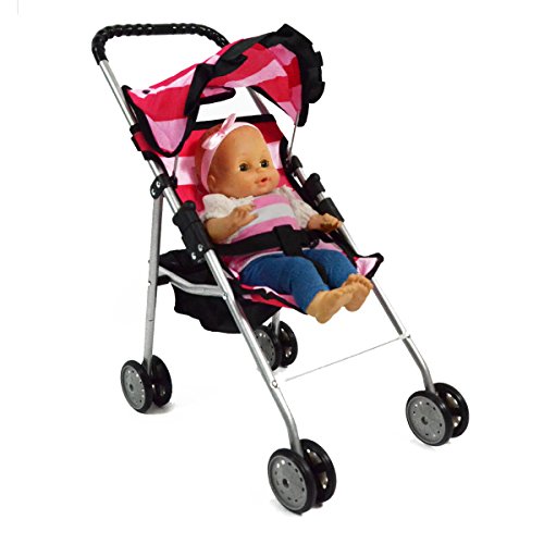 My First Doll Stroller with Basket in Bright Pink Stripes