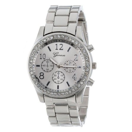 R#8775，Faux Chronograph Quartz Classic Round Ladies Women Crystals Watch Silver，P#8775 HL3