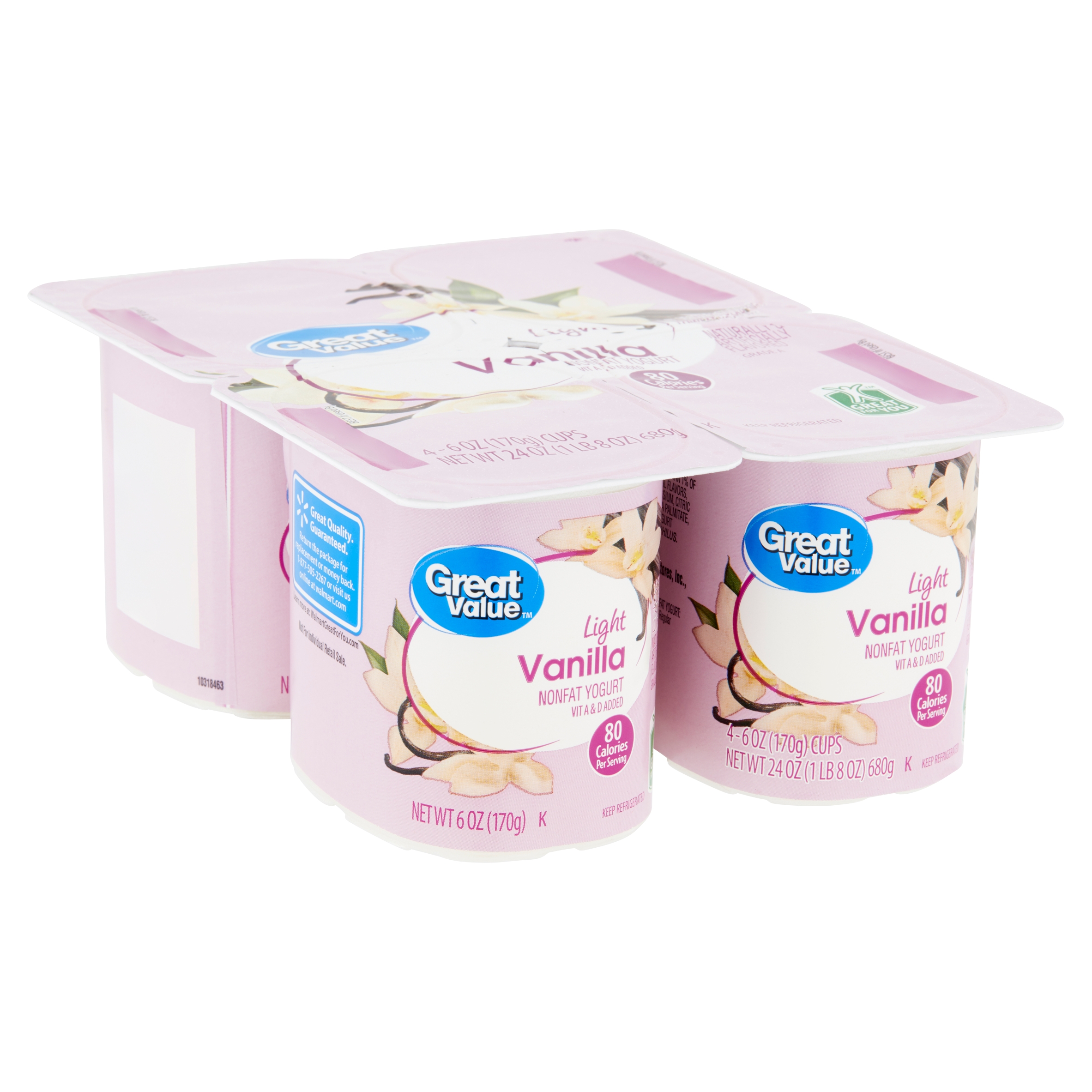 Great Value Light Vanilla Nonfat Yogurt, 6 Oz, 4 Count Image