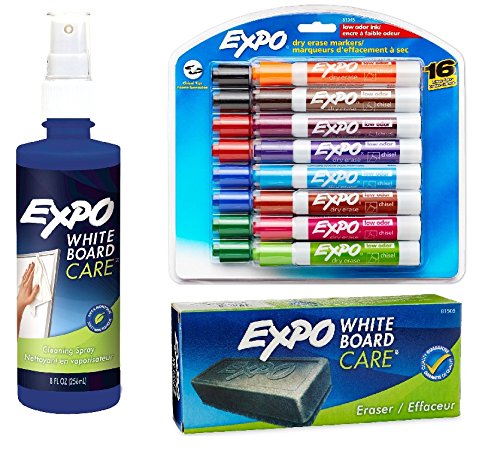 Expo 2 Low-Odor Dry Erase Markers, Chisel Tip, 16-Pack, Assorted Colors (81045) with Expo Whiteboard / Dry Erase Board Liquid Cleaner, 8-ounce and Exp