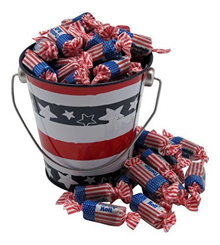 Stars and Stripes Tootsie Roll Candy Pail Bundle, 2 Items: Metal Stars and Bars Pail and 1 Lb. Tootsie Roll Midges