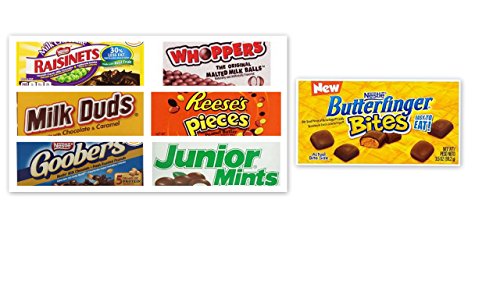 Movie Theater Candy Bundle (Pack of 7) Includes Milk Duds, 5 Oz + Whoppers, 5 Oz + Junior Mints, 4 Oz + Goobers, 3.5 Oz + Reese's Pieces, 4 Oz + Raisi