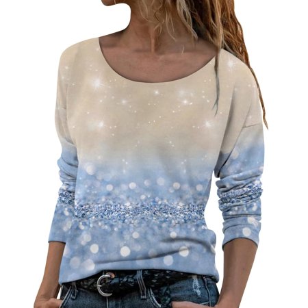 Sentmoom T-shirts for Women Loose Fit  Printing T Shirt O Neck Tie Knot Tshirt Long-Sleeve Basic Pullover Sweatshirt Fashion Regular Blouse Tie Knot P