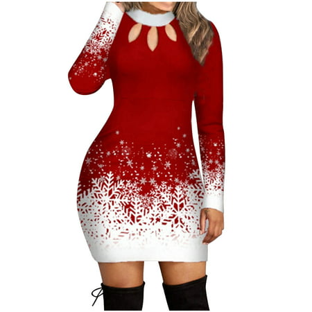 Usupdd Fall Dresses for Women 8835 Women Christmas Snow Sexy Soft Round Neck Long Sleeve Halter Tie-Dye Color Block Printing Maxi Casual Ladies Dress 