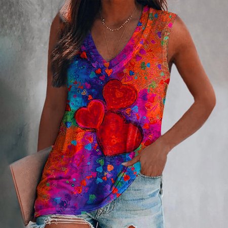 FengLS Women Fashion Sexy V-neck Print Sleeveless Loose Tank Top Blouse Vest 10-Ladies Clothes-14A#9905 Womens Clothes MYFWomen Fashion Sexy