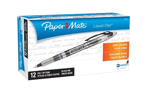 Paper Mate 21001BH Liquid Flair Porous Felt Tip Fountain Pens, Medium Point, Black, 12-Pack