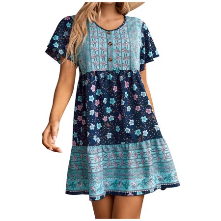 TZNBGO Sexy Dresses for Women Fall Dresses 2022 Dress Summer Dresses Women Elegant Casual Short Sleeve Printed Button V Neck Flower Loose Dress 3251 P