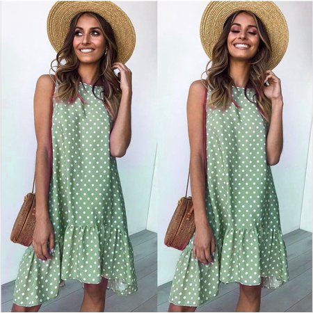 9546# 2020 Popular Round Neck Sleeveless Polka Dot Loose L Swing Lotus Dress Green L