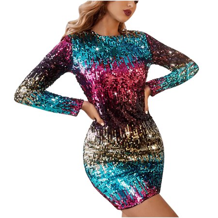 FengLS Women S Round Neck Colorful Sequin Pack Hip Straight Short Long Sleeve Dress 10-Ladies Clothes-10A#11808 Womens Clothes MYFWomen S Round Neck
