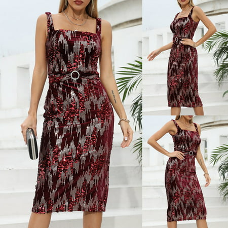 FengLS Women S Summer Sexy Fashion Casual Sleeveless Sling Line Neck Pencil Skirt Sequins Slim Dress 10-Ladies Clothes-14A#29363 Womens Clothes MYFWom