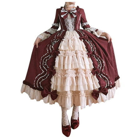 Women Plus Size Dresses Clearance Women Vintage Gothic Court Square Collar Patchwork Bow Dress