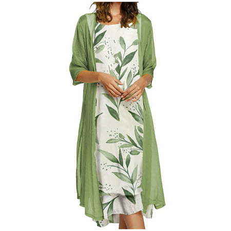 Women Plus Size Dresses Clearance Casual Floral Print Sleeveles Dress Solid Chiffon Two-Piece Set