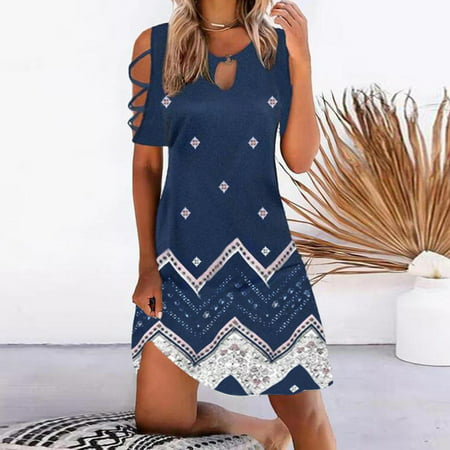 Dresses for Women 2289 Date Night Work Blue Women Casual Slimming Draw Back Printed Short Sleeves