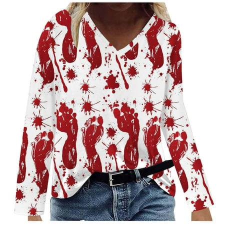 Sentmoom Sweatshirts for Women Loose Fit Trendy   Basic Loose Tshirt Long Sleeves V-neck Landscape Printed Tees Solid Cozy Shirts Comfy Relaxed T-Shir