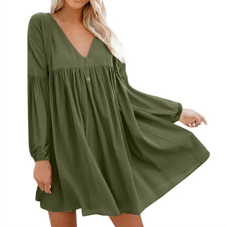 Usupdd Fall Dresses for Women 5481 Women Fashion Sexy Long Sleeve Solid V Neck Solid Narrow Cuffs Loose Mini Dress WBB221007-3460