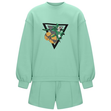 FengLS 2PC Women Casual Summer Sports Suit Round Neck Printing Short Sleeve Solid Shorts Set 10-Ladies Clothes-10A#3535 Womens Clothes MYF2PC Women Ca