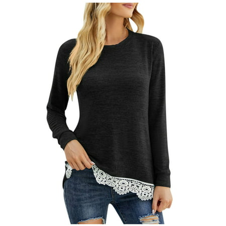 Usupdd Women S Round- Neck Lace Color Matching Pocket Recreational Long Sleeve Tops Elbow Length Tops Sleeveless Blouses for Women Usupdd 220729-5509
