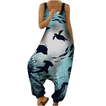 Wl-2313 Ladies Suspender Print Loose Large Size Drop Crotch Bib Jumpsuit Fashion Womens Ethnic Style Cold Shoulder Suspender Cami Pants