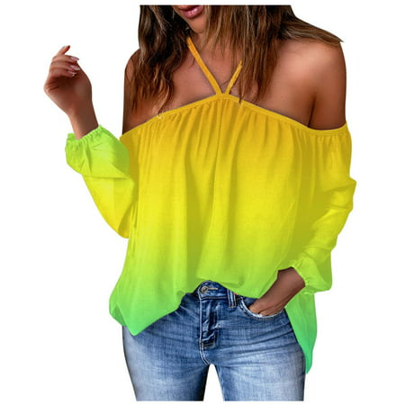 Onlywo Summer Tops for Women Casual  Fashion Women S Summer Long Sleeve Blouse Sexy Off Shoulder Cross Halter Neck Shirt Gradient Print Loose Comfy To