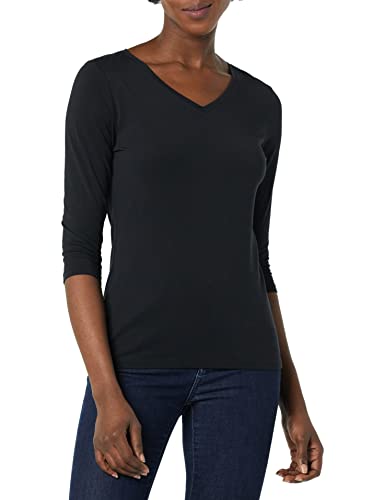 Amazon Essentials Women's Classic-Fit 3/4 Sleeve V-Neck T-Shirt (Available in Plus Size), Black, Large