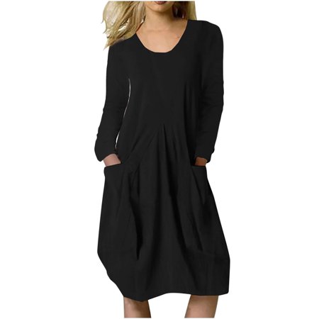 Usupdd Fall Dresses for Women 4719 Women S Spring and Autumn Round Neck Cotton Linen Loose Casual Solid Color Long Sleeve Pocket Dress WBB221007-2698