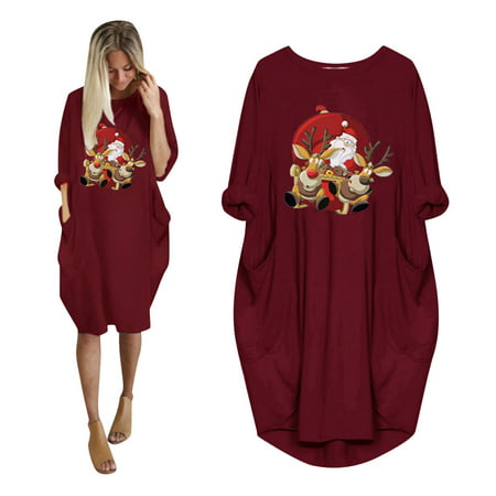 TOKMISA #1744 the Fashion Women S Winter Plus Size Loose O-Neck Pocket Christmas Printed Dress Po Dress#2743