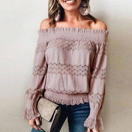TOMKISA Fashion Women S Solid Color Lace One Shoulder Casual Long Sleeve Blouse Slim #1253