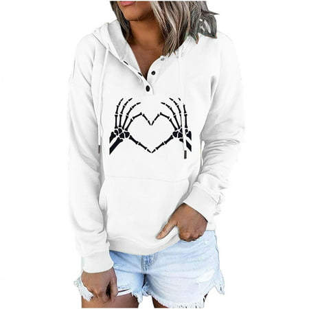 Women Fall Hoodies Clearance Printed Pocket Long Sleeve Blouse Casual Tops Sweatershirt Button Hoodies