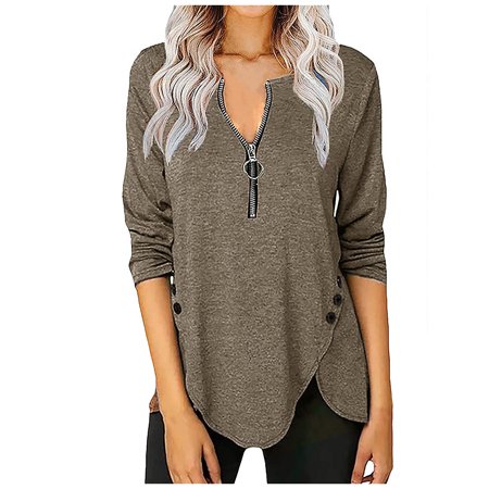 Cotton Shirts for Women  Tunic Tops Long Sleeve Women  Women S Tops 2Xl Flowy Casual Autumn Zipper Longsleeved Neck Button Tshirt Top Size Black Tops 
