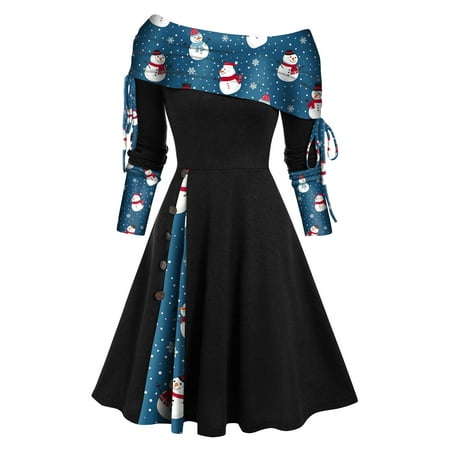 Usupdd Vintage Dress for Women Fashion Women Autumn Christmas Printing Causal Off-the-Shoulder Button Long Sleeve Vacation Dress Usupdd WAA221007-3943