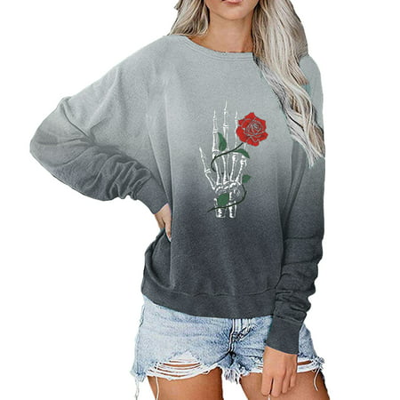 FengLS Women S Round Casual Rose Skull Print Gradient Raglan Long Sleeve T-Shirt Top 10-Ladies Clothes-10A#9734 Womens Clothes MYFWomen S Round Casual