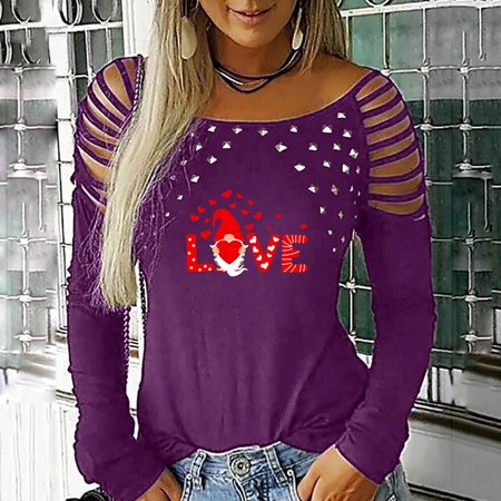 Tokmisa CO303 Women S Tops Sexy Off Shoulder Valentine S Day Printed Long Sleeve Hollow Out O-Neck T-shirt Blouse Shirt #3323